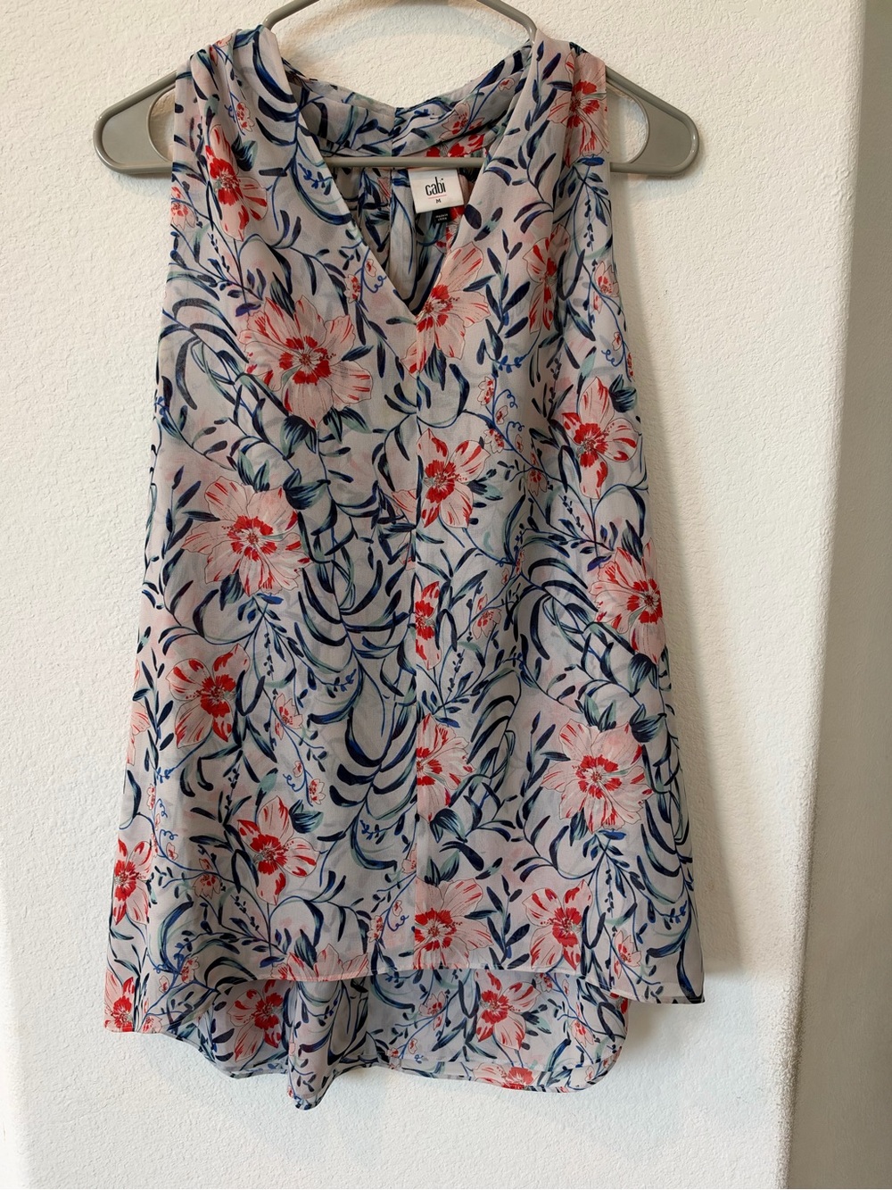 CAbi Floral Sleeveless V-Neck Top in Light Blue with Coral and Navy
